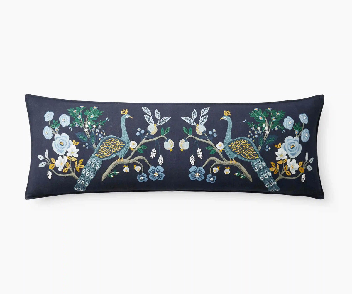 Embroidered Lumbar Pillow Cover - Peacock