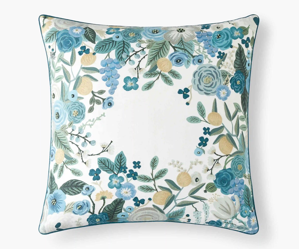 Embroidered Pillow Cover - Garden Party Blue
