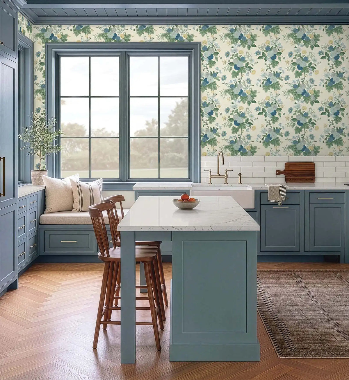Dahlia Wallpaper - Linen & Blue