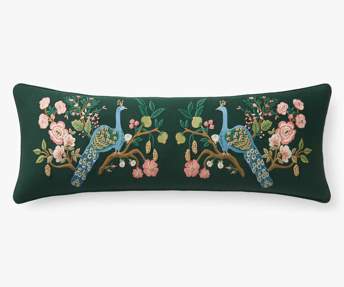 Embroidered Lumbar Pillow Cover - Peacock Emerald