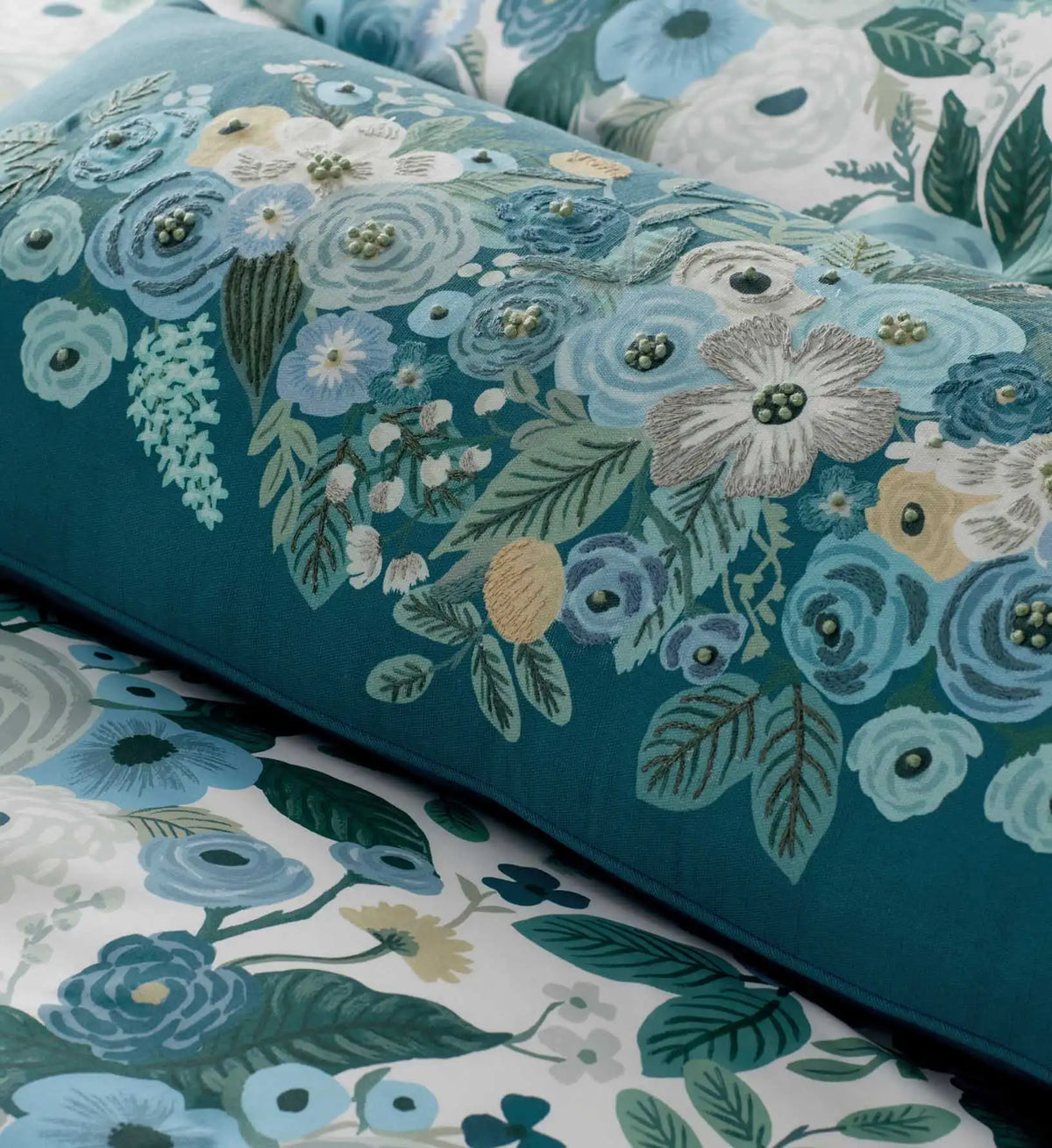 Embroidered Lumbar Pillow Cover - Garden Party Blue