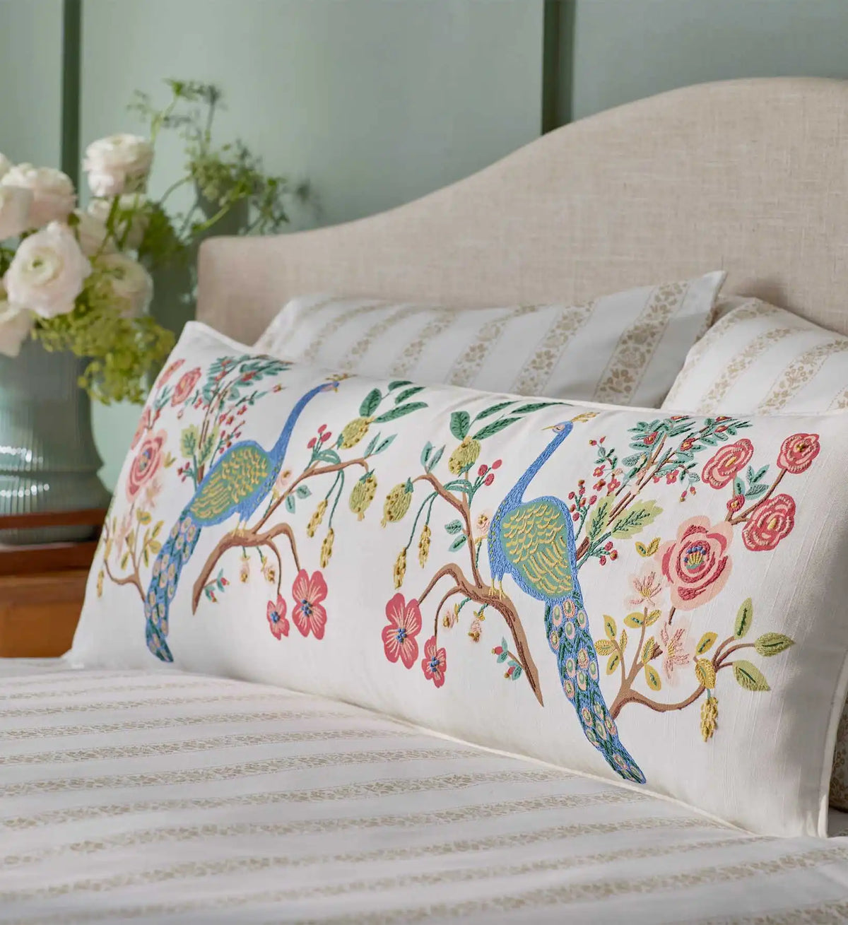 Embroidered Lumbar Pillow Cover - Peacock Ivory