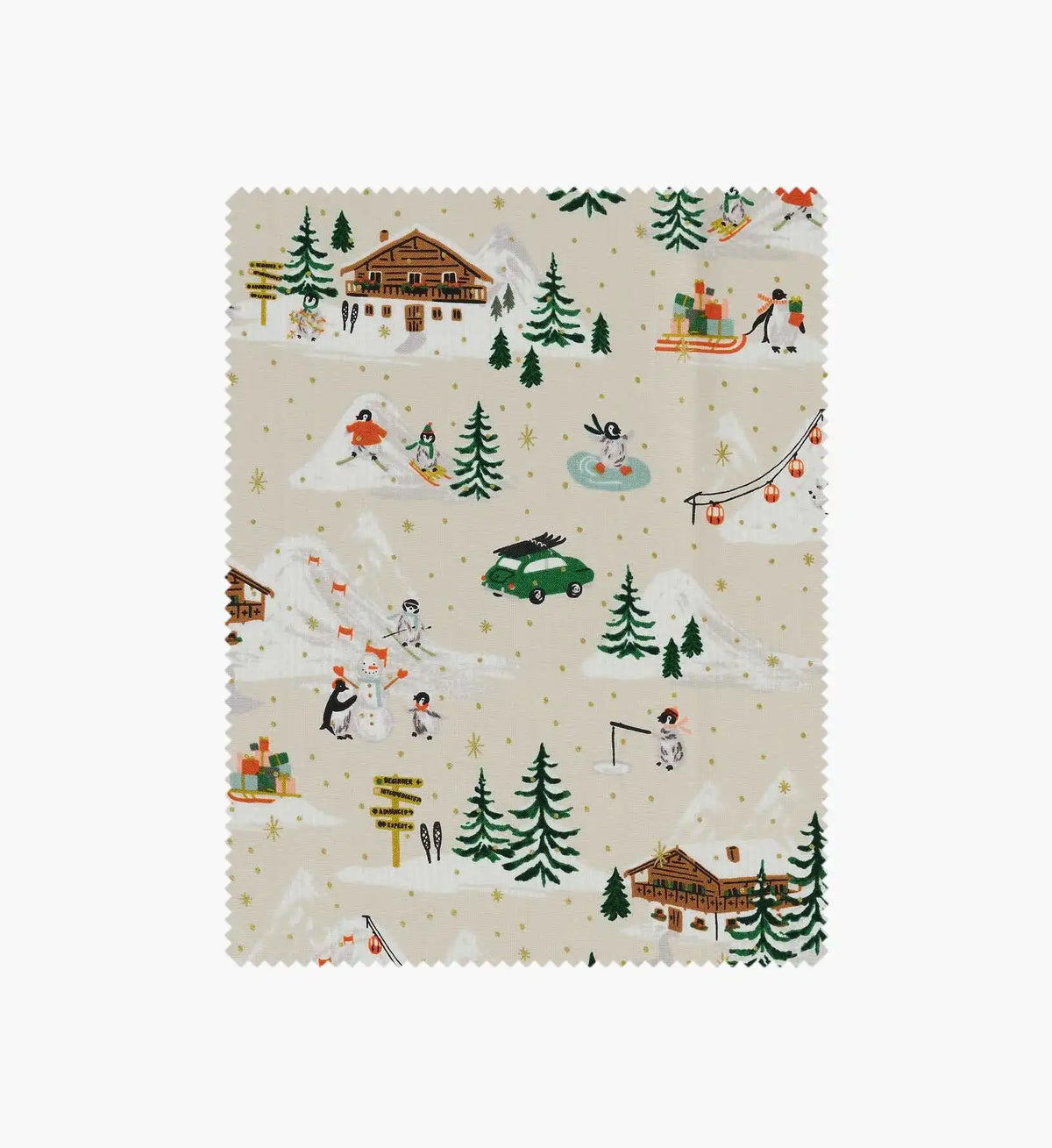 Penguin Village Cotton Metallic Fabric -  Cream and Gold