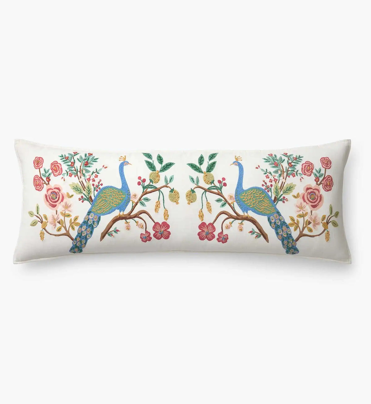 Embroidered Lumbar Pillow Cover - Peacock Ivory