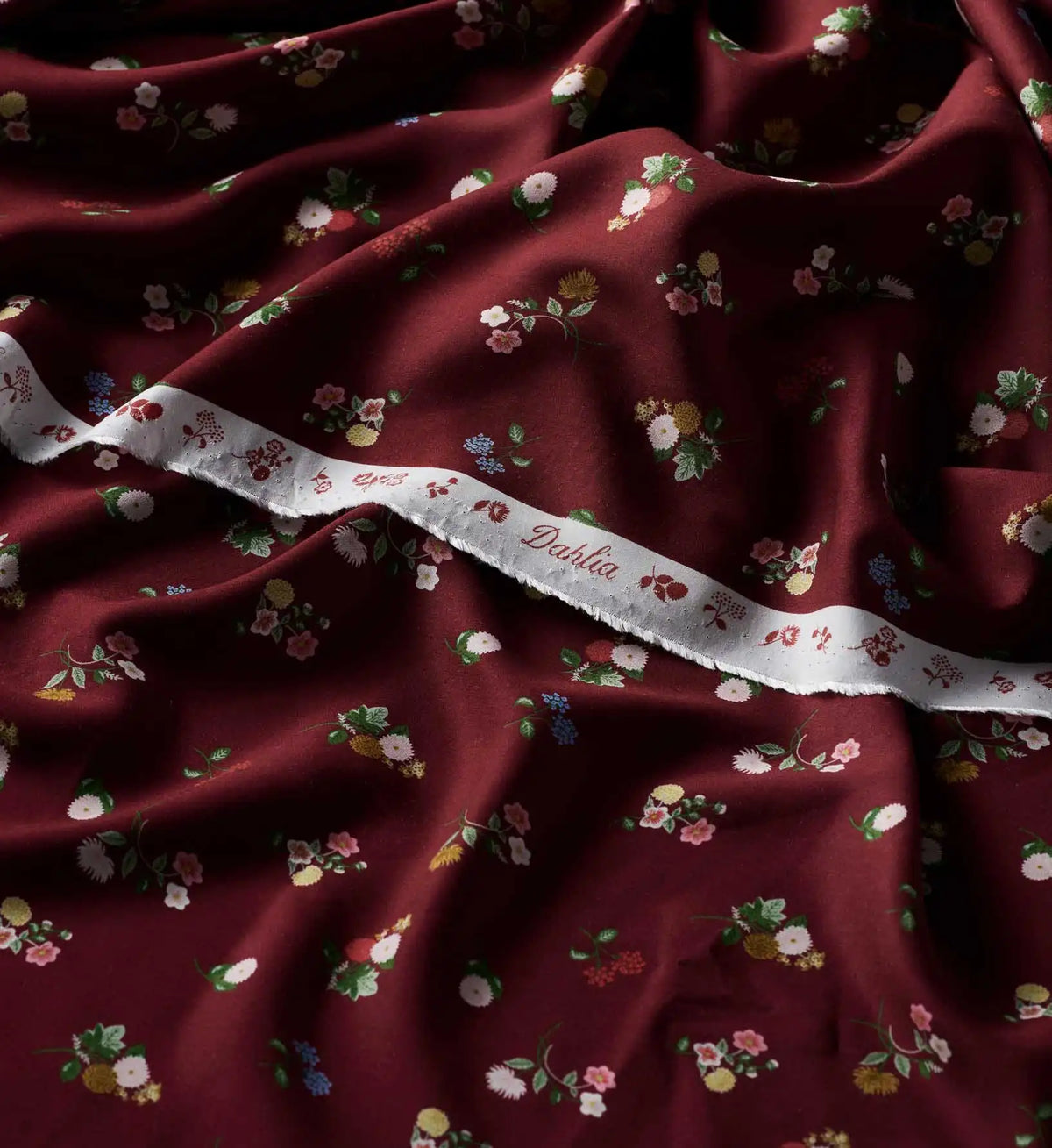 Ditsy Dahlia Rayon Fabric - Burgundy