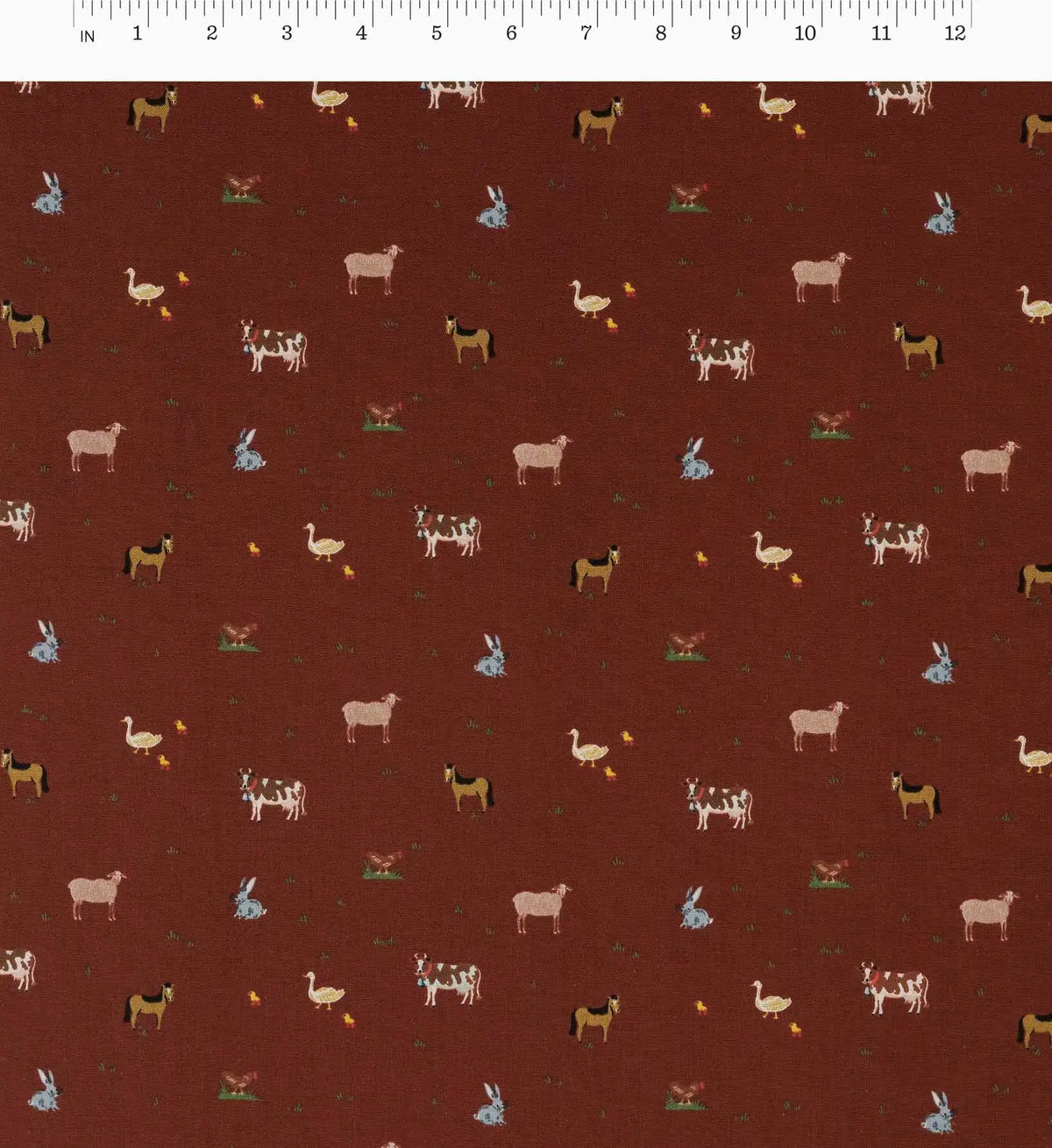 Farm Animals Cotton Fabric - Crimson