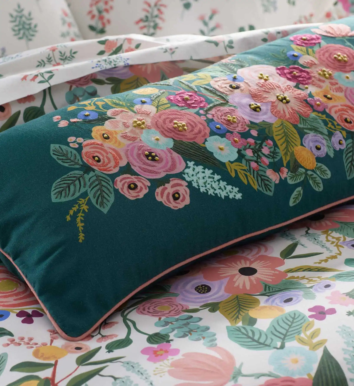Embroidered Lumbar Pillow Cover - Garden Party