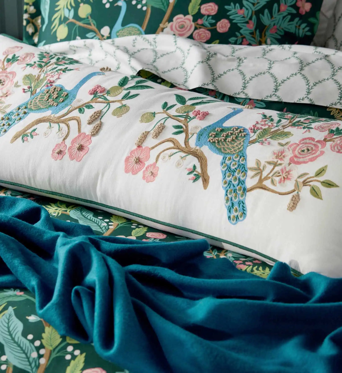 Embroidered Lumbar Pillow Cover - Peacock White