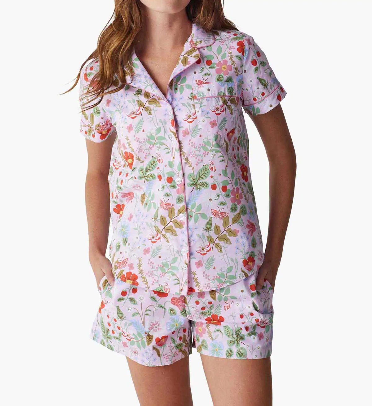 Poplin Button Front Short Set - Strawberry Fields