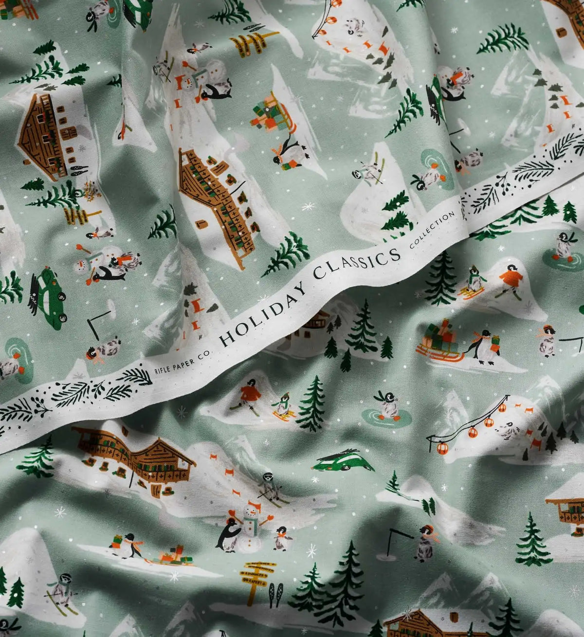 Penguin Village Cotton Metallic Fabric - Mint and Gold