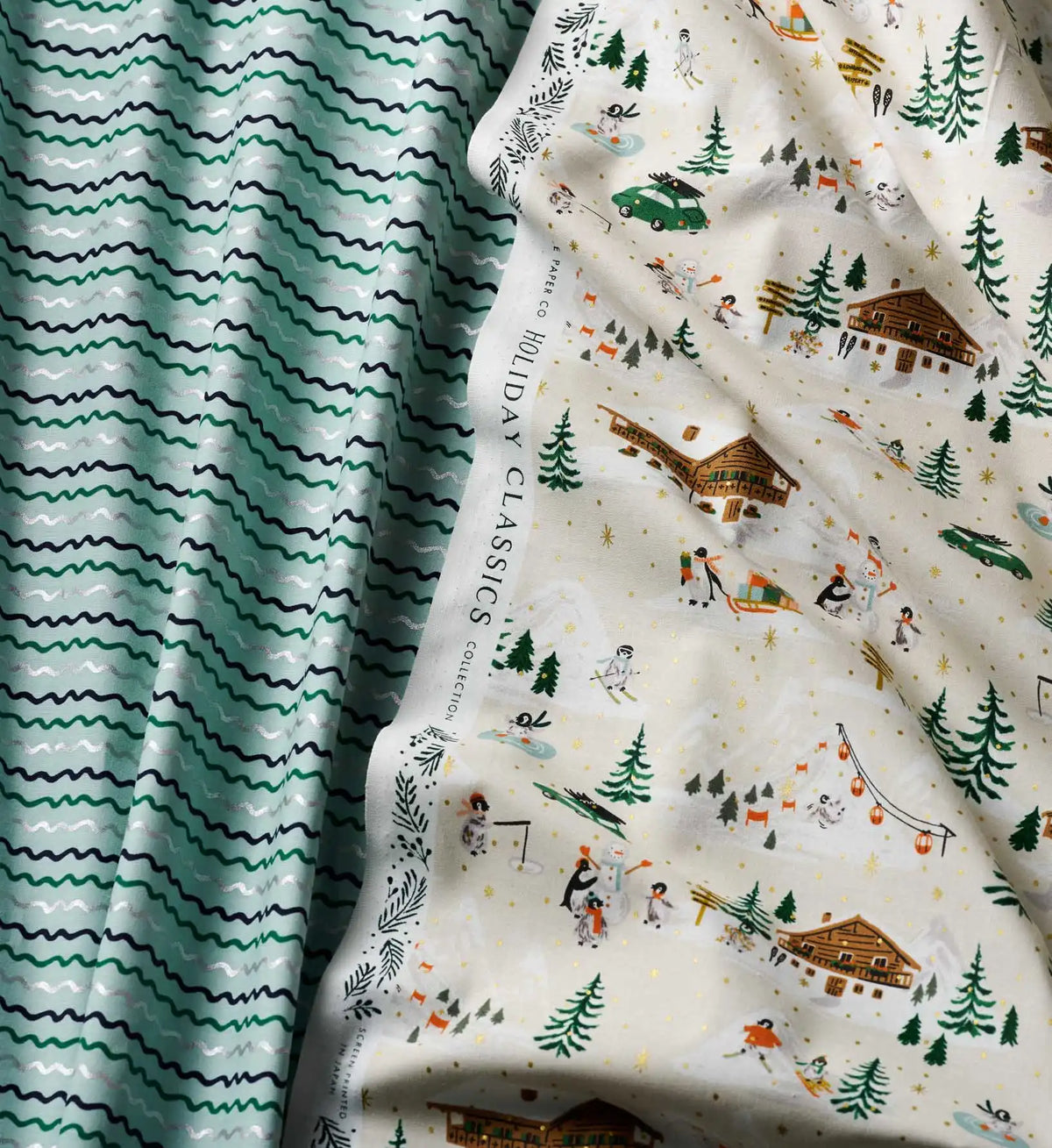 Penguin Village Cotton Metallic Fabric -  Cream and Gold